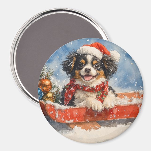 Japansk Chin Hund i släde Låt det snöa jul Magnet (Front/Back)
