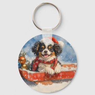 Japansk Chin Hund i släde Låt det snöa Jul Nyckelring