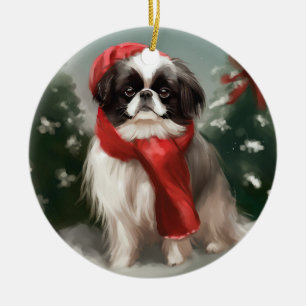 Japansk Chin-hund i snö jul Julgransprydnad Keramik