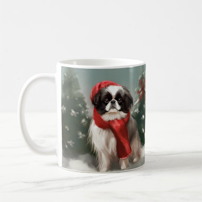 Japansk chin Hund i Snö-jul Kaffemugg (Vänster)