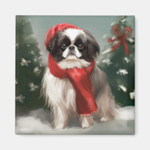 Japansk Chin Hund i Snö Jul Magnet