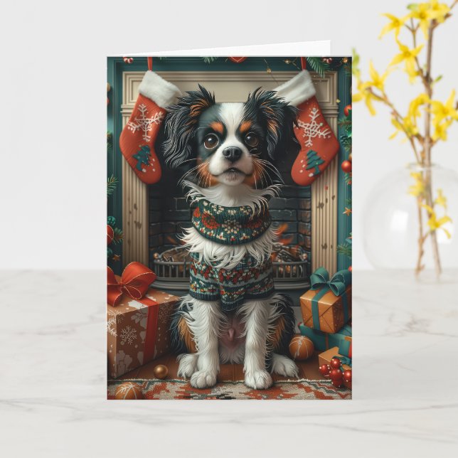 Japansk Chin Hund Med Julpresenter Öppen Spis Kort (Gul blomma)