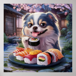 Japansk chin Hund Puppy Eating Sushi Poster