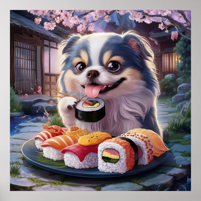 Japansk chin Hund Puppy Eating Sushi Poster (Framsidan)