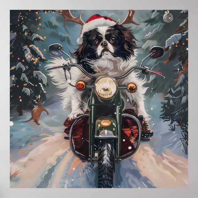 Japansk chin Hund Riding Motorcykel jul Poster (Framsidan)