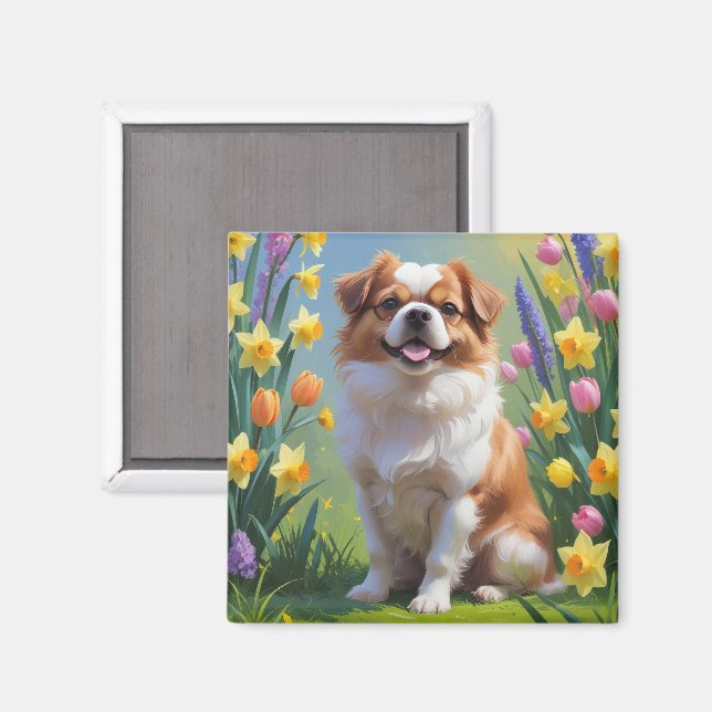 Japansk Chin Hund Vårblommor Målning Magnet (Front/Back)