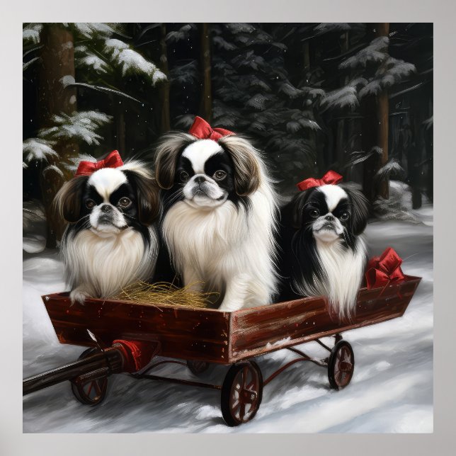 Japansk Chin Snöig släde juldekoration Poster (Framsidan)
