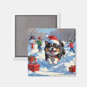 Japansk Chin springer i snö med julhatt Magnet