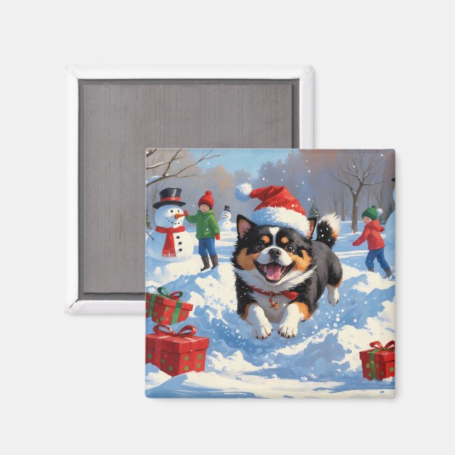 Japansk Chin springer i snö med julhatt Magnet (Front/Back)