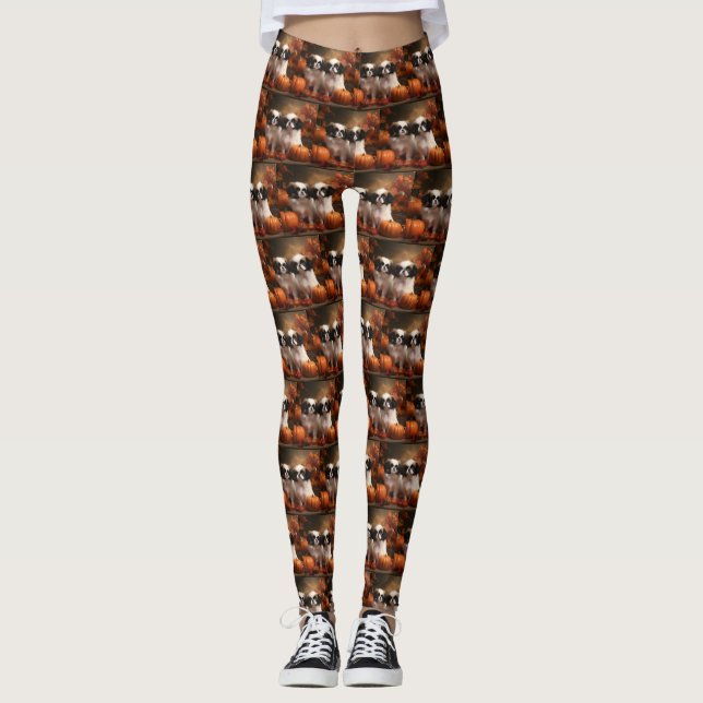 Japansk Chin Valp Höstglädje Pumpa  Leggings (Framsida)