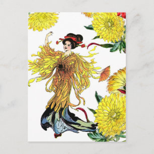 Japansk Chrysanthemum Flower Fairy med Fläkt Vykort