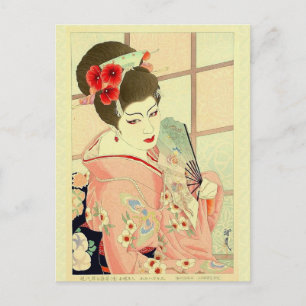 Japansk Classic Geisha Dam Rosa Kimono Fläkt Vykort