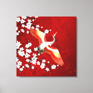 Japansk Crane White Cherry Blommar Red Canvastryck