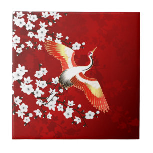Japansk Crane White Cherry Blommar Red Kakelplatta