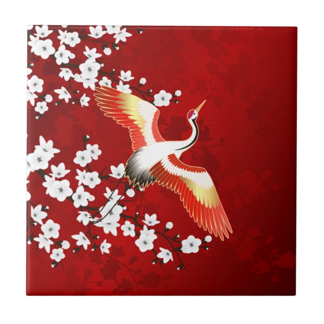 Japansk Crane White Cherry Blommar Red Kakelplatta (Framsidan)