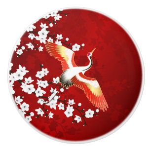 Japansk Crane White Cherry Blommar Red Knopp