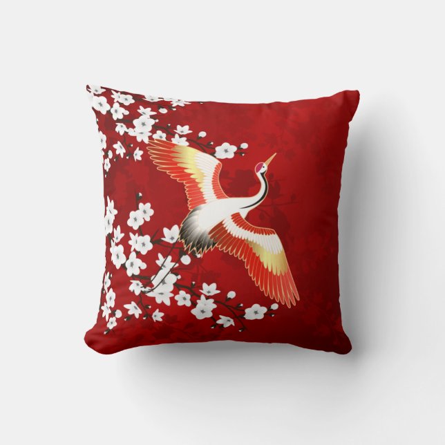 Japansk Crane White Cherry Blommar Red Kudde (Framsida)