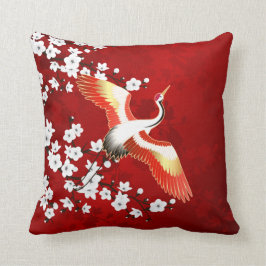Japansk Crane White Cherry Blommar Red Kudde