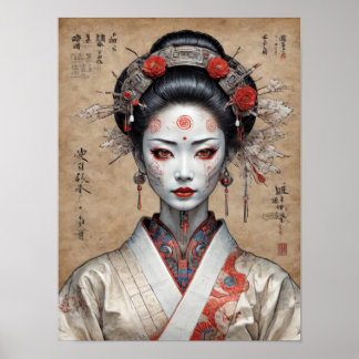 Japansk cyberpunk geisha på pergament poster