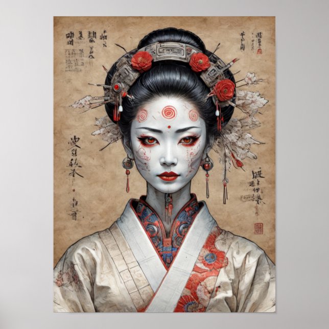 Japansk cyberpunk geisha på pergament poster (Framsidan)