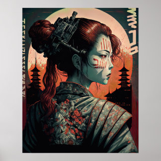 Japansk cyberpunk Samurai Woman Poster