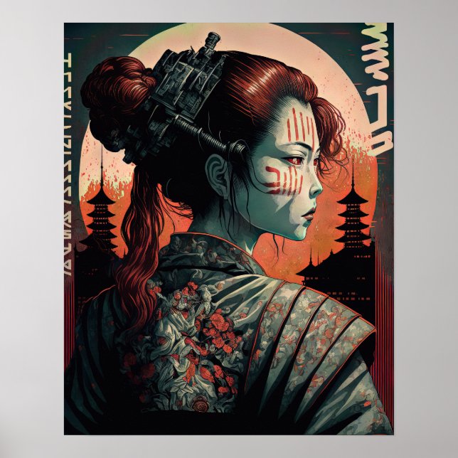 Japansk cyberpunk Samurai Woman Poster (Framsidan)