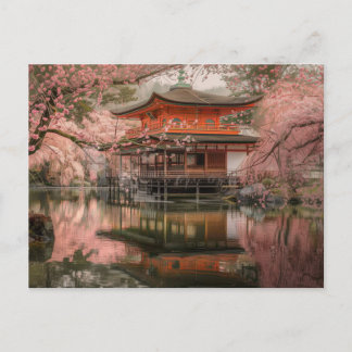 Japansk damm och körsbärs blommar vykort