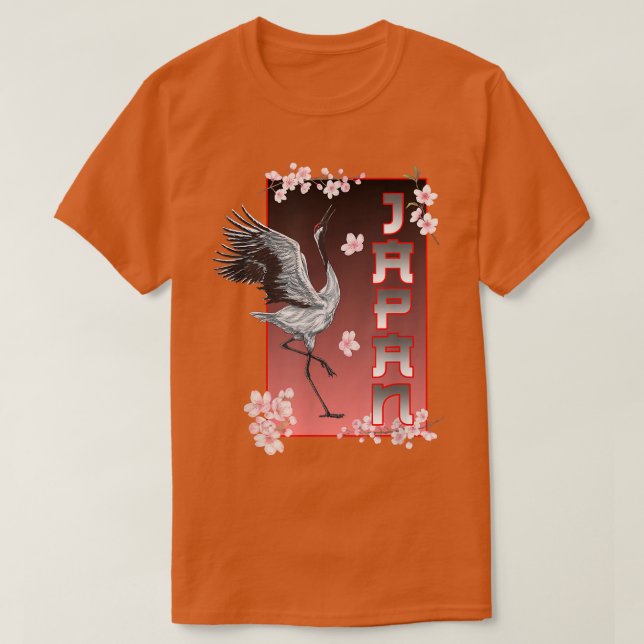Japansk Dancing Crane Bird Sakura Cherry Blommar T Shirt (Design framsida)
