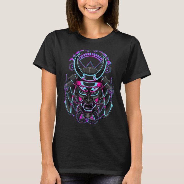 Japansk demon Samurai Oni Ansikte Mask Glitch T Shirt (Framsida)