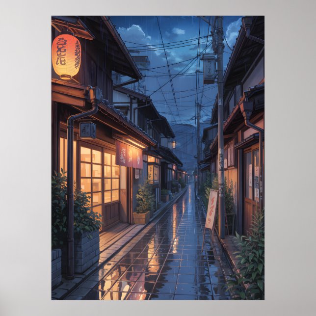 Japansk dimmig regn gatudesign poster (Framsidan)