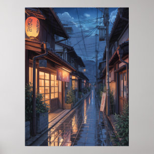 Japansk dimmig regn gatudesign poster