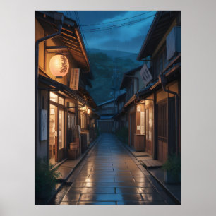 Japansk dimmig regn gatudesign poster