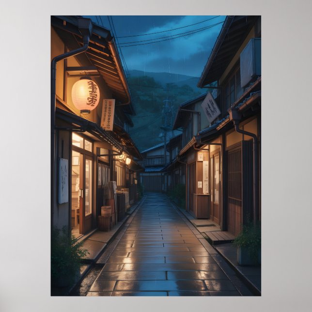 Japansk dimmig regn gatudesign poster (Framsidan)