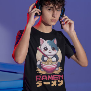 Japansk djurkatt Eating Ramen Noodles T Shirt