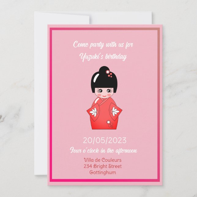 Japansk docka, födelsedagsfest nr 3 inbjudningar (Framsida)