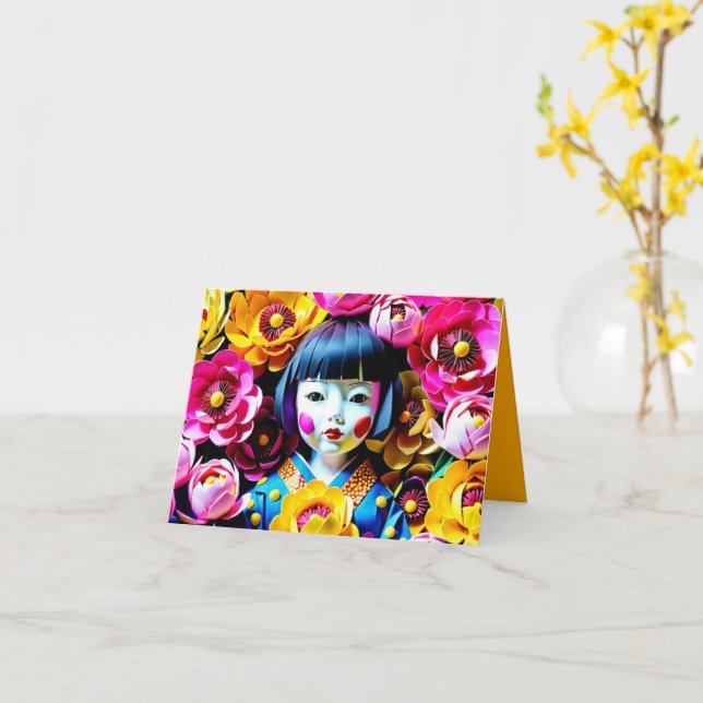 Japansk docka med peonier Origami 3HGC Kort (Gul blomma)