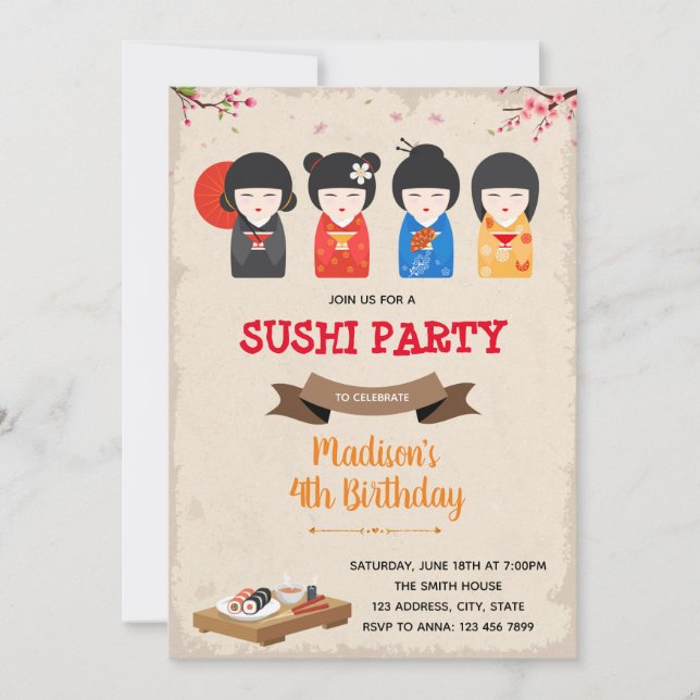 Japansk doll- och sushi-födelsedagsinbjudan inbjudningar (Framsida)