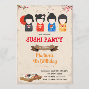 Japansk doll- och sushi-födelsedagsinbjudan inbjudningar