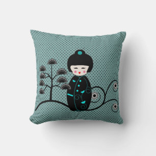 Japansk doll, svart och blå polka, punkt kudde