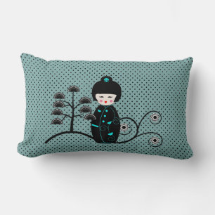 Japansk doll, svart och blå polka, punkt lumbarkudde