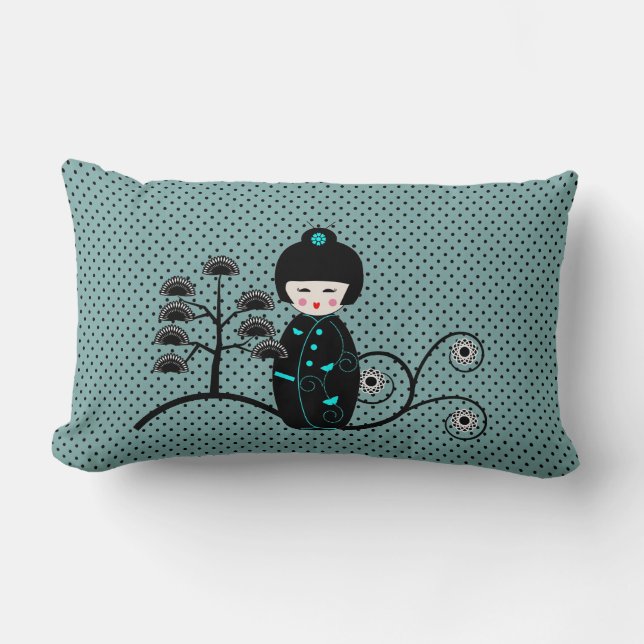 Japansk doll, svart och blå polka, punkt lumbarkudde (Framsida)