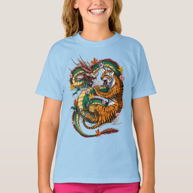 Japansk Dragon Tiger Battle T Shirt (Framsida)