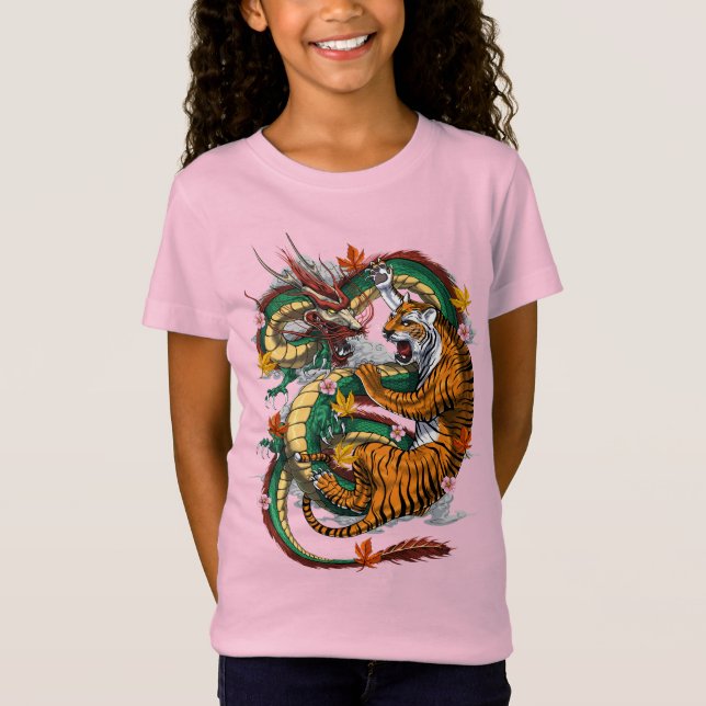 Japansk Dragon Tiger Battle T Shirt (Framsida)