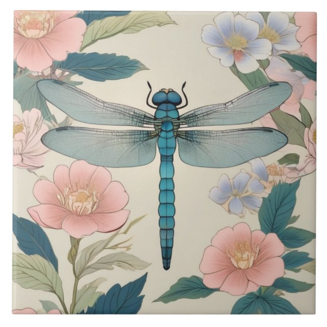 Japansk Dragonfly Art Pastel Grönt & Rosa Blommigt Kakelplatta (Framsidan)