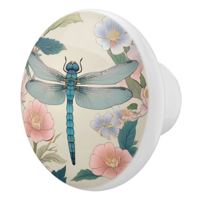 Japansk Dragonfly Art Pastel Grönt & Rosa Blommigt Knopp (Höger)