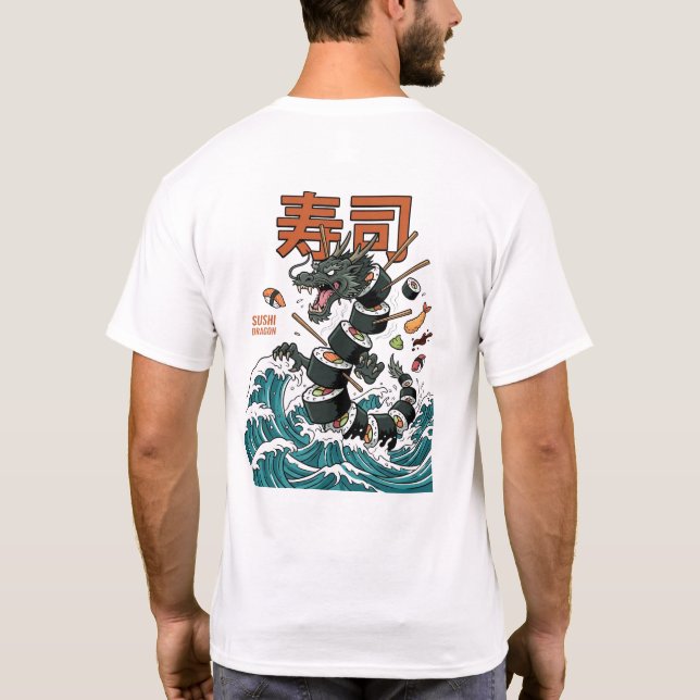 Japansk drak- och sushi-vågskunst t shirt (Baksida)