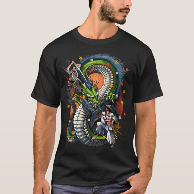 Japansk Drak Samuraj T Shirt (Framsida)