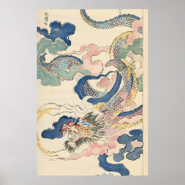 Japansk Drak Ukiyo-e Konsttryck Edo-Period Moln Poster