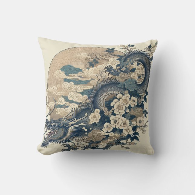Japansk drake & blommande kastkudde kudde (Framsida)