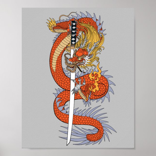 Japansk drake med katana-svärd poster (Framsidan)
